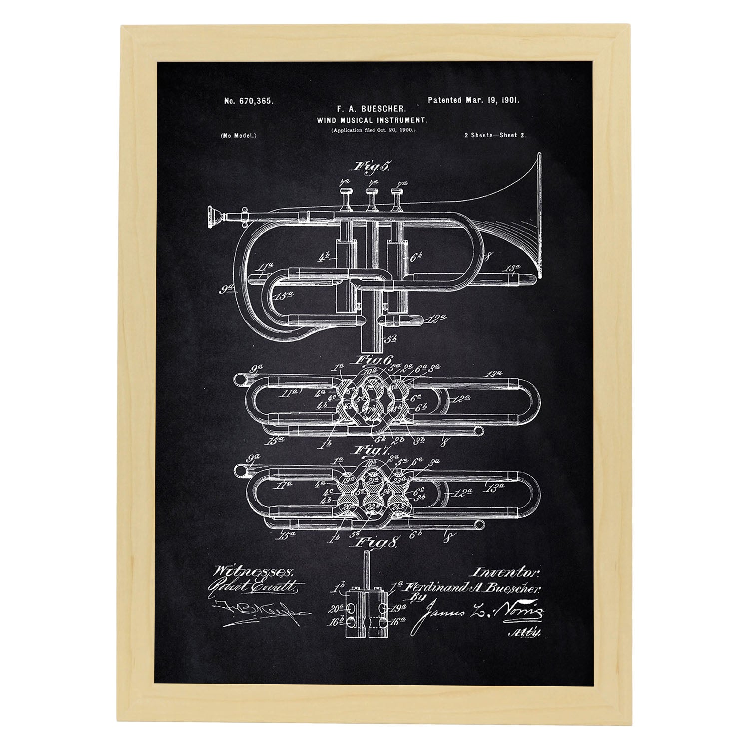 Poster con patente de Trompeta 2. Lámina con diseño de patente antigua-Artwork-Nacnic-A3-Marco Madera clara-Nacnic Estudio SL