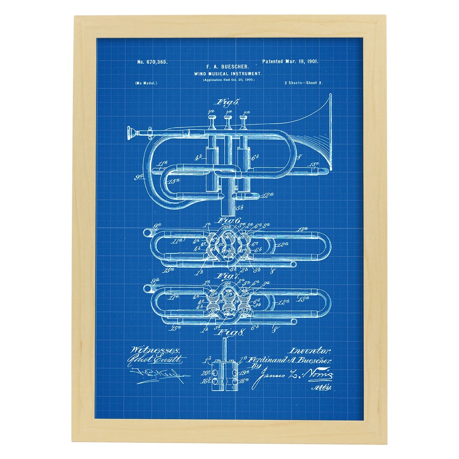 Poster con patente de Trompeta 2. Lámina con diseño de patente antigua-Artwork-Nacnic-A3-Marco Madera clara-Nacnic Estudio SL