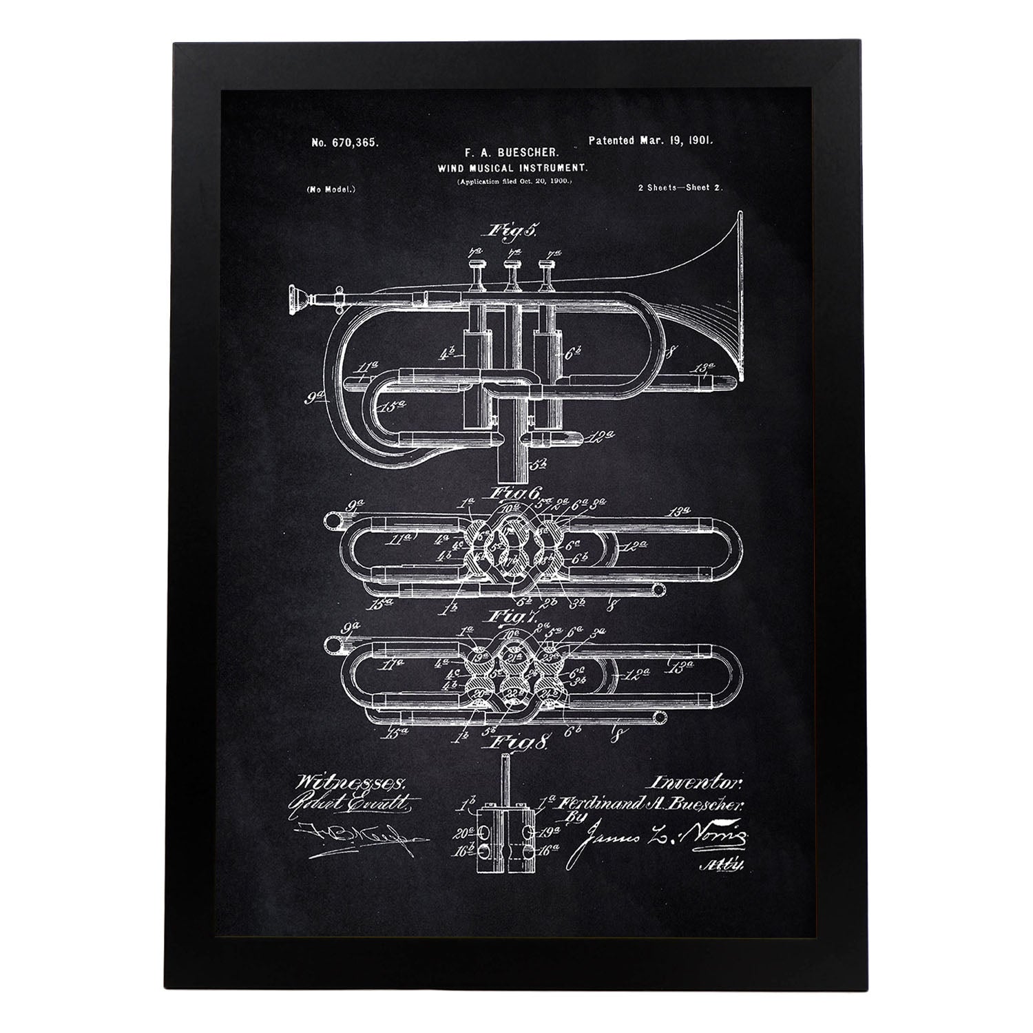 Poster con patente de Trompeta 2. Lámina con diseño de patente antigua-Artwork-Nacnic-A3-Marco Negro-Nacnic Estudio SL