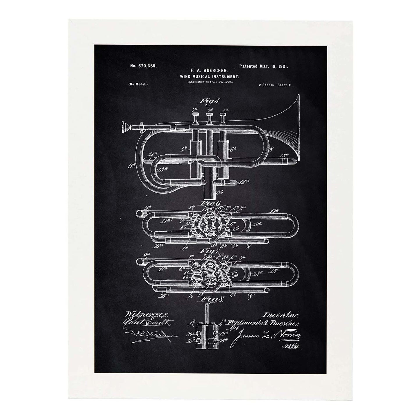 Poster con patente de Trompeta 2. Lámina con diseño de patente antigua-Artwork-Nacnic-A4-Marco Blanco-Nacnic Estudio SL