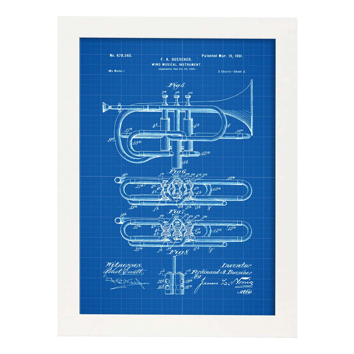 Poster con patente de Trompeta 2. Lámina con diseño de patente antigua-Artwork-Nacnic-A4-Marco Blanco-Nacnic Estudio SL