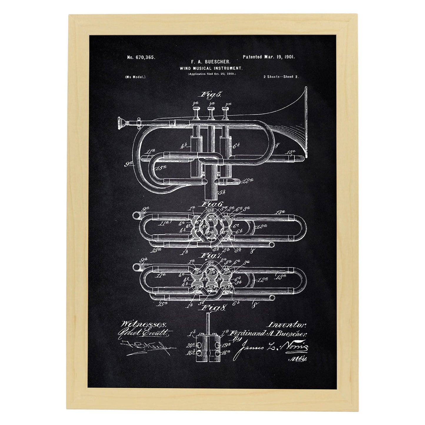 Poster con patente de Trompeta 2. Lámina con diseño de patente antigua-Artwork-Nacnic-A4-Marco Madera clara-Nacnic Estudio SL