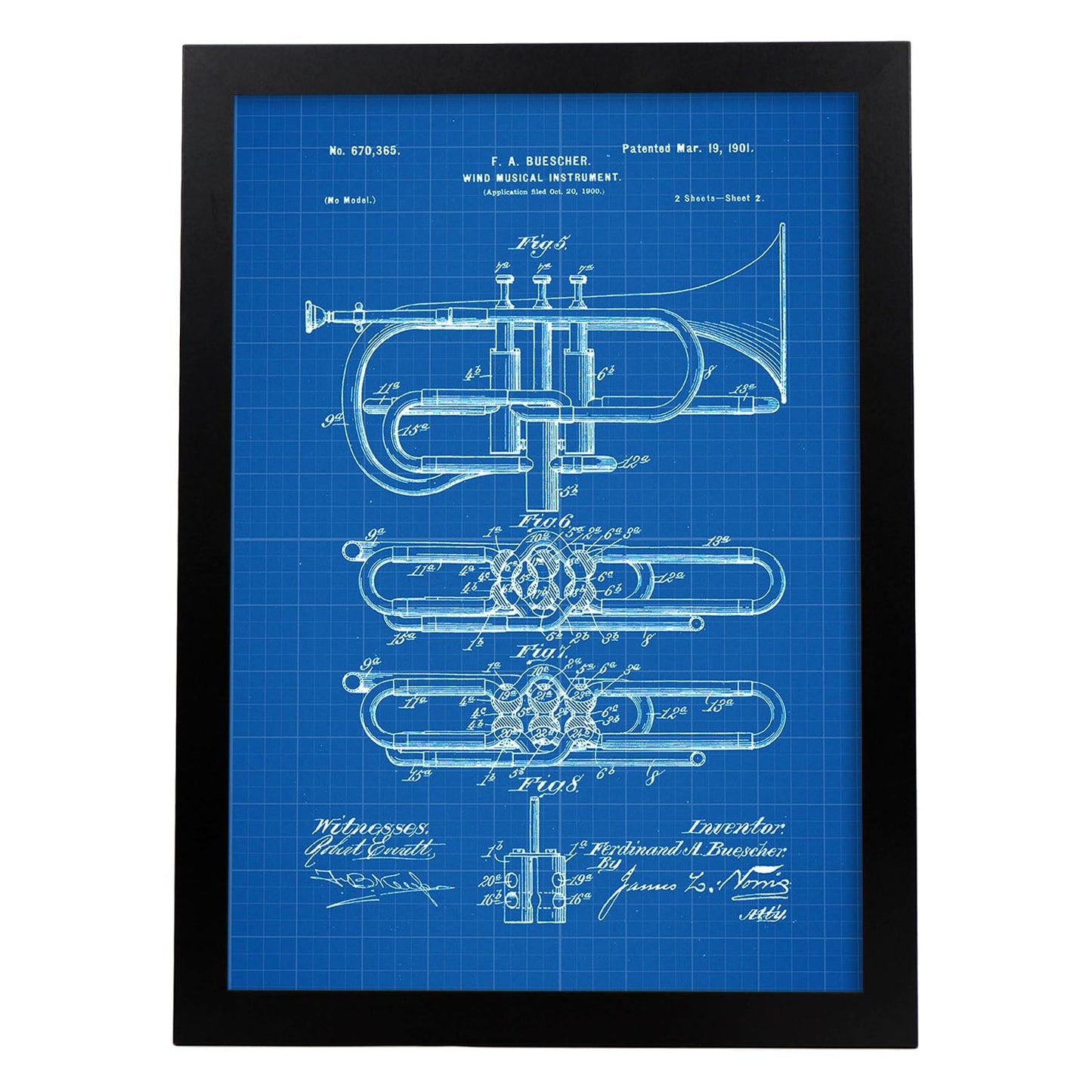 Poster con patente de Trompeta 2. Lámina con diseño de patente antigua-Artwork-Nacnic-A4-Marco Negro-Nacnic Estudio SL