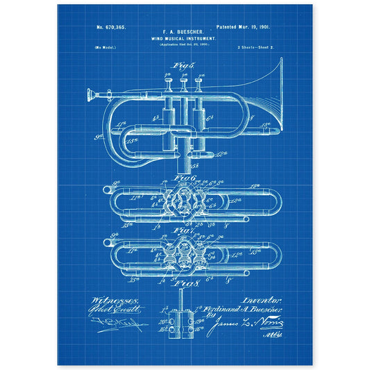 Poster con patente de Trompeta 2. Lámina con diseño de patente antigua-Artwork-Nacnic-A4-Sin marco-Nacnic Estudio SL