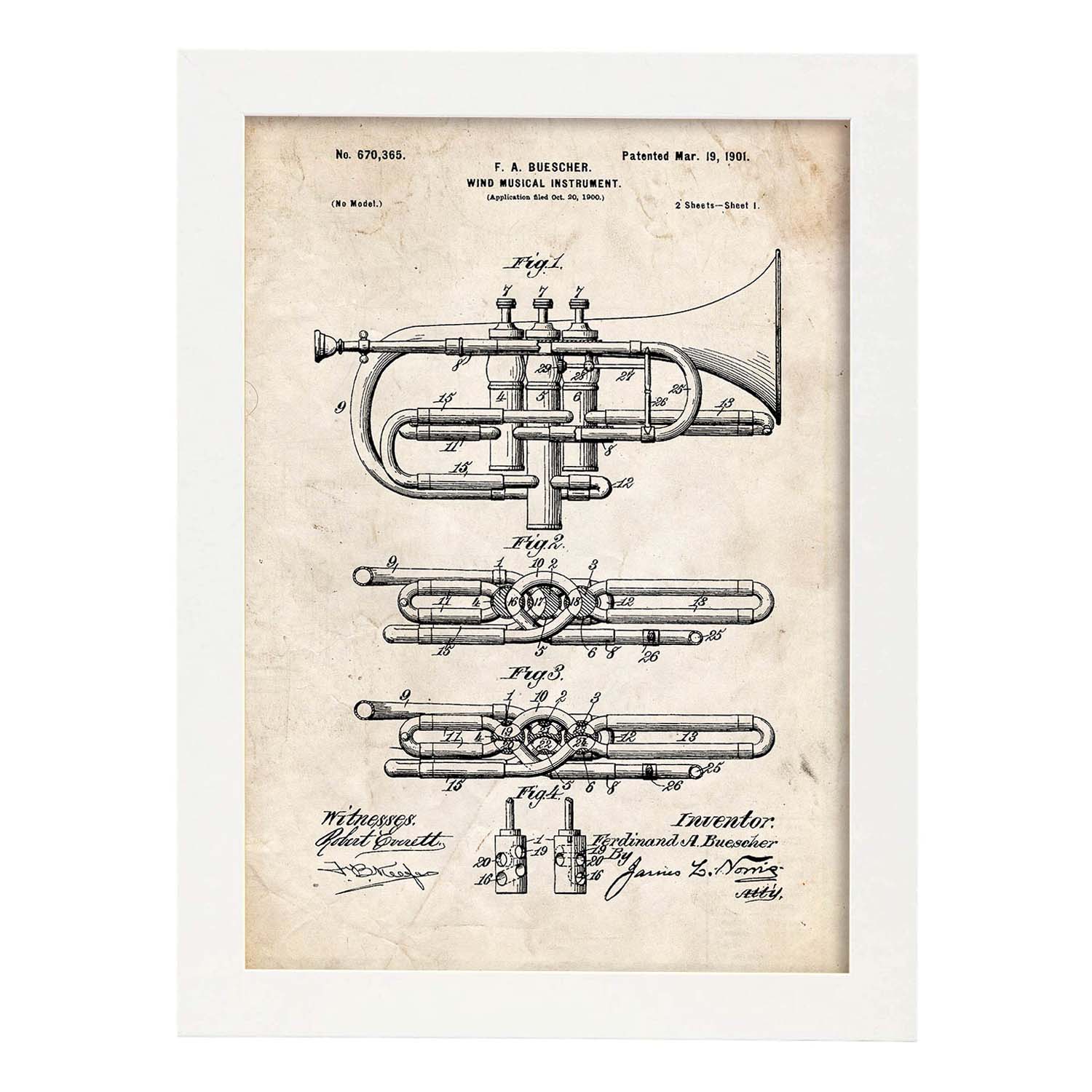 Poster con patente de Trompeta. Lámina con diseño de patente antigua.-Artwork-Nacnic-A3-Marco Blanco-Nacnic Estudio SL