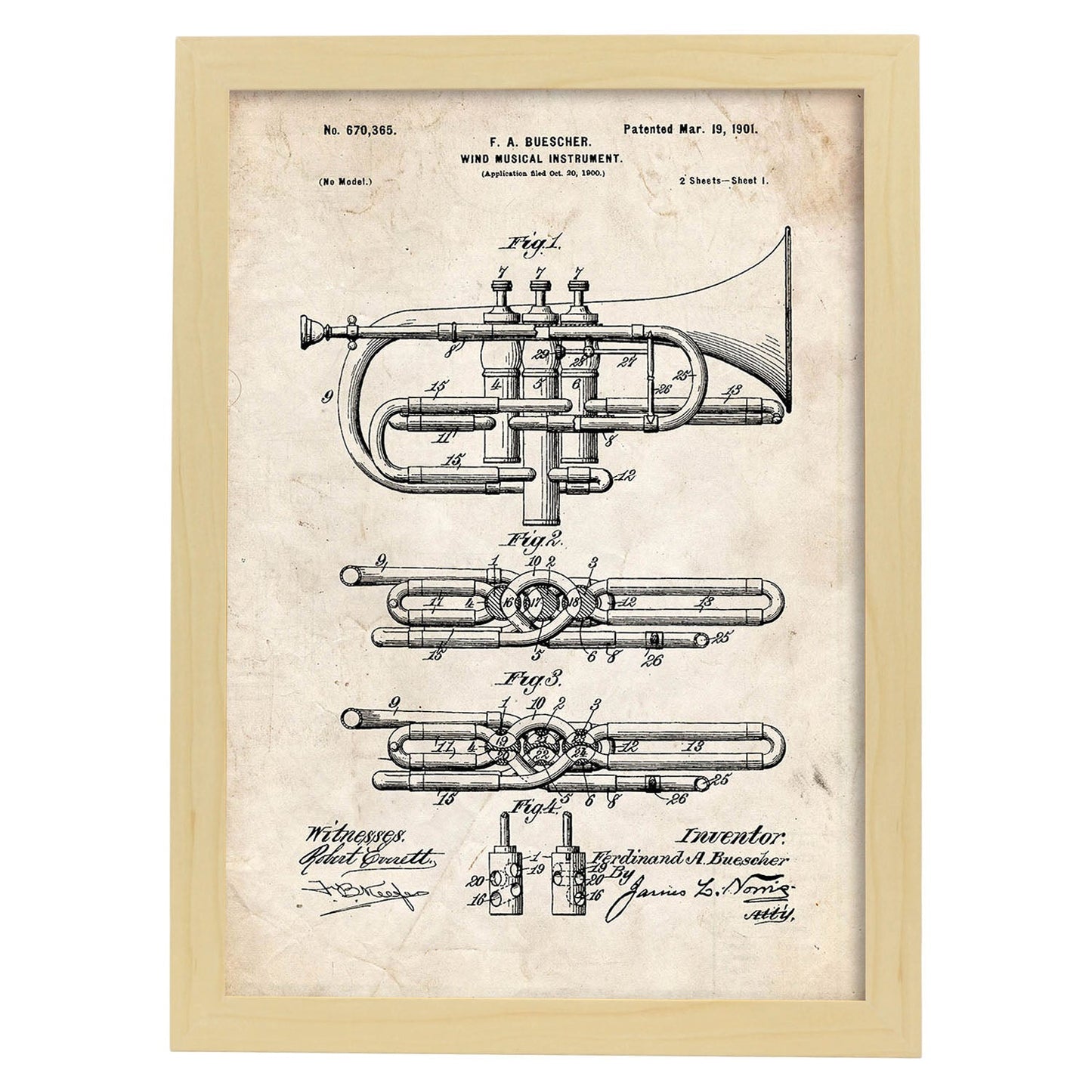 Poster con patente de Trompeta. Lámina con diseño de patente antigua.-Artwork-Nacnic-A3-Marco Madera clara-Nacnic Estudio SL