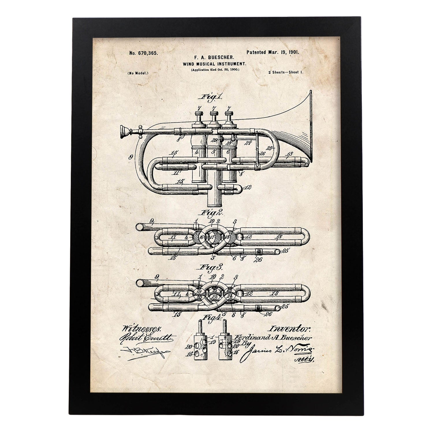 Poster con patente de Trompeta. Lámina con diseño de patente antigua.-Artwork-Nacnic-A3-Marco Negro-Nacnic Estudio SL