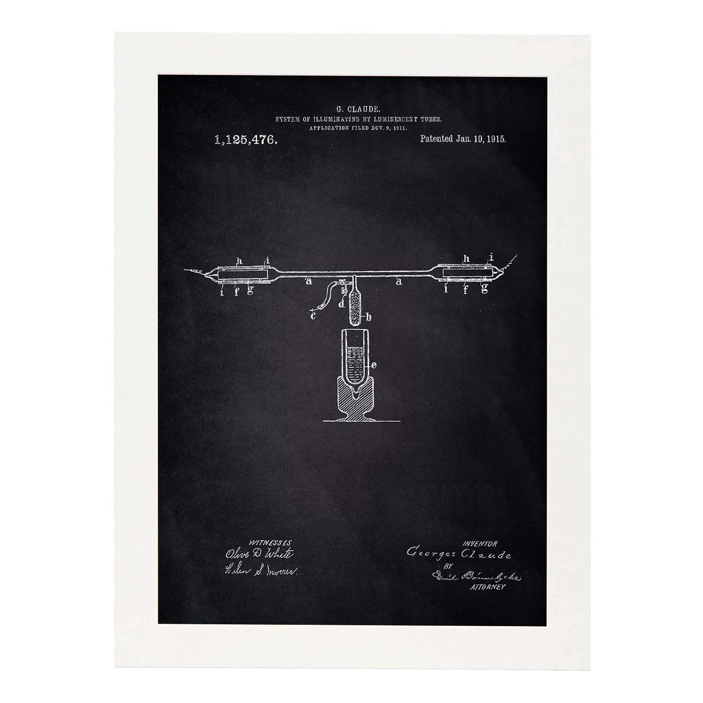 Poster con patente de Tubos fluorescentes. Lámina con diseño de patente antigua-Artwork-Nacnic-A3-Marco Blanco-Nacnic Estudio SL