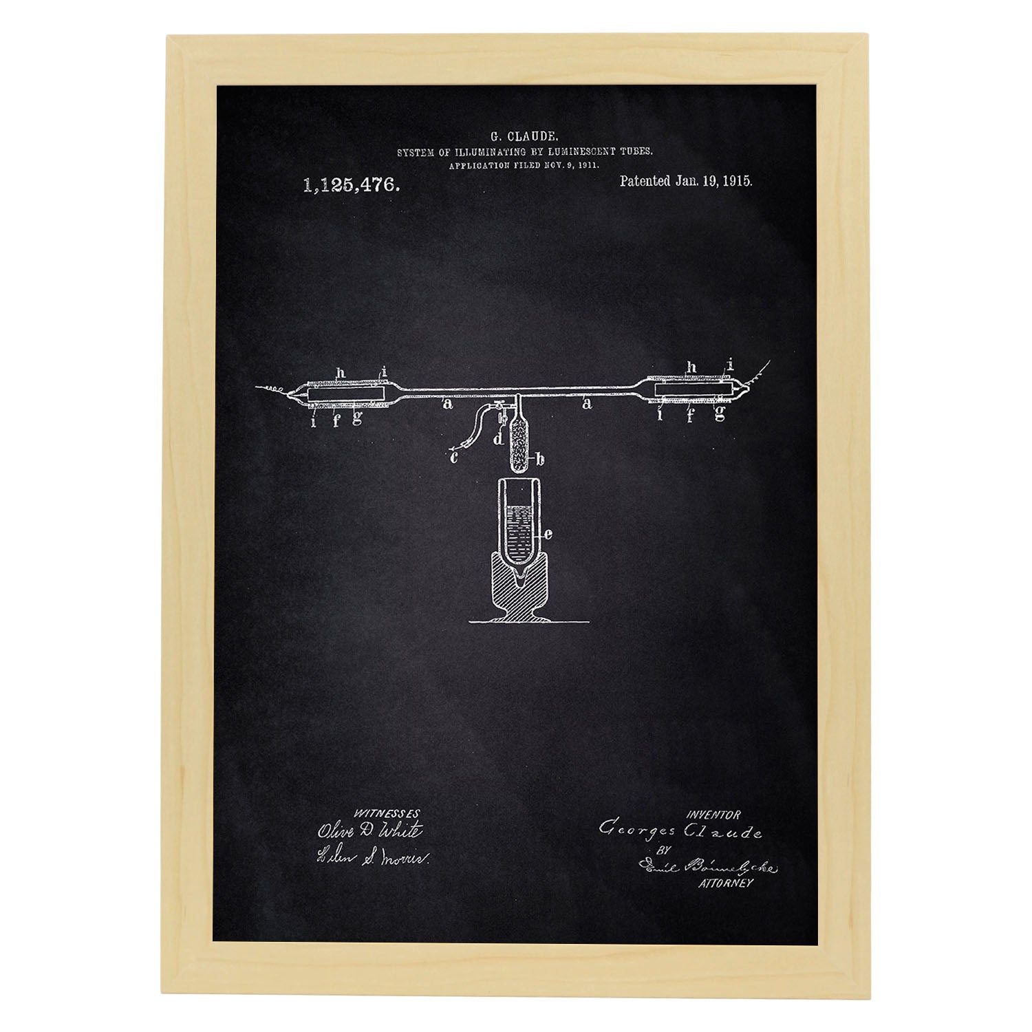 Poster con patente de Tubos fluorescentes. Lámina con diseño de patente antigua-Artwork-Nacnic-A3-Marco Madera clara-Nacnic Estudio SL
