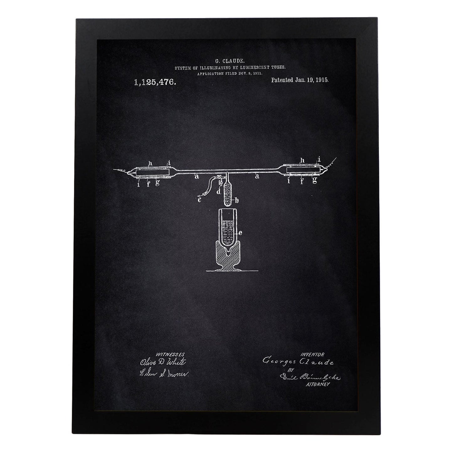Poster con patente de Tubos fluorescentes. Lámina con diseño de patente antigua-Artwork-Nacnic-A3-Marco Negro-Nacnic Estudio SL