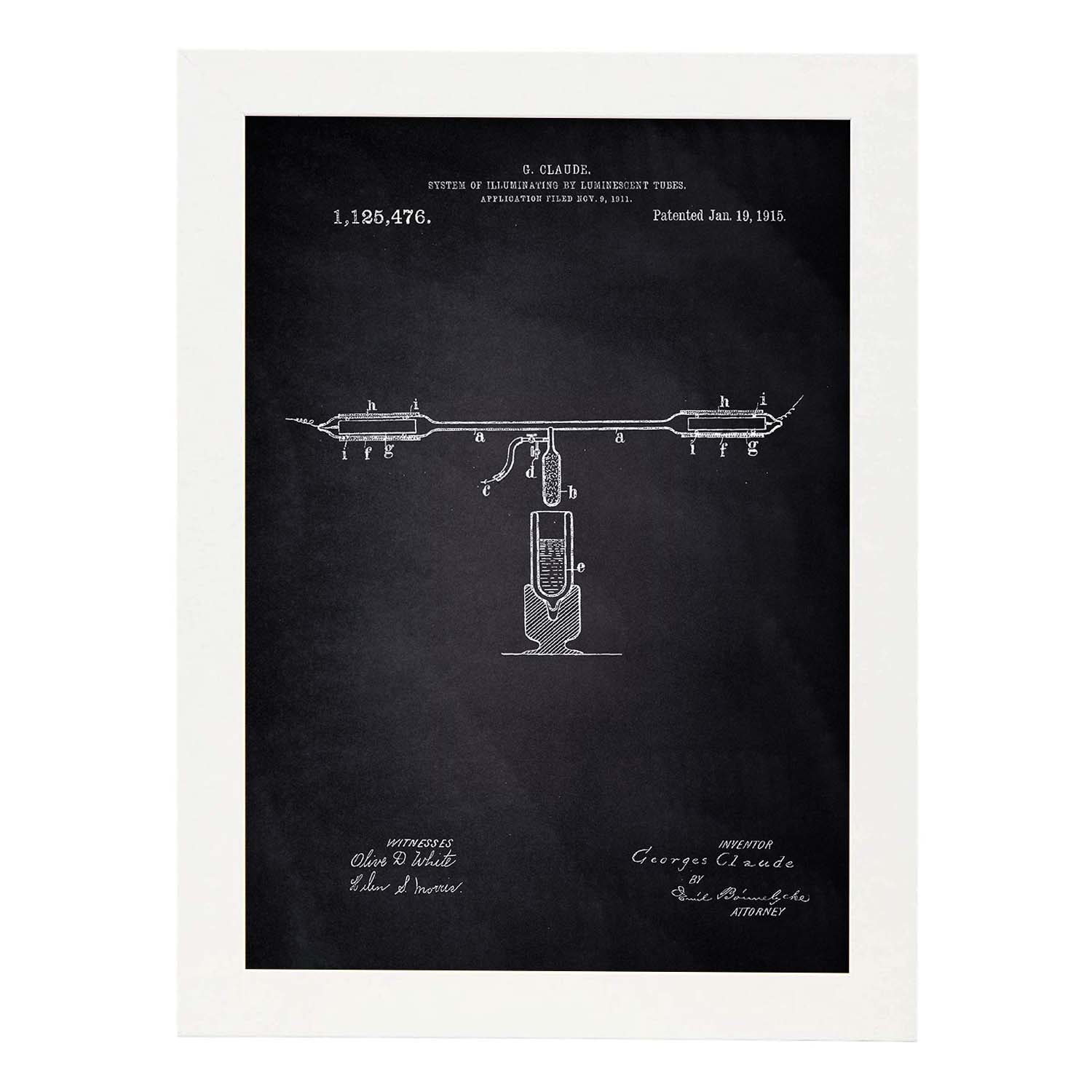 Poster con patente de Tubos fluorescentes. Lámina con diseño de patente antigua-Artwork-Nacnic-A4-Marco Blanco-Nacnic Estudio SL