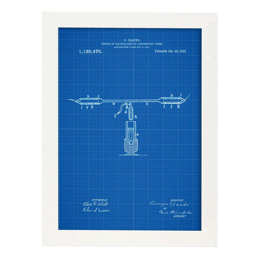 Poster con patente de Tubos fluorescentes. Lámina con diseño de patente antigua-Artwork-Nacnic-A4-Marco Blanco-Nacnic Estudio SL
