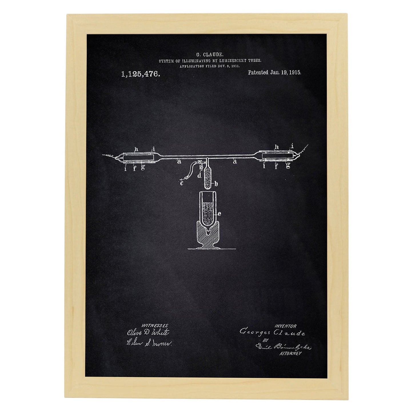 Poster con patente de Tubos fluorescentes. Lámina con diseño de patente antigua-Artwork-Nacnic-A4-Marco Madera clara-Nacnic Estudio SL