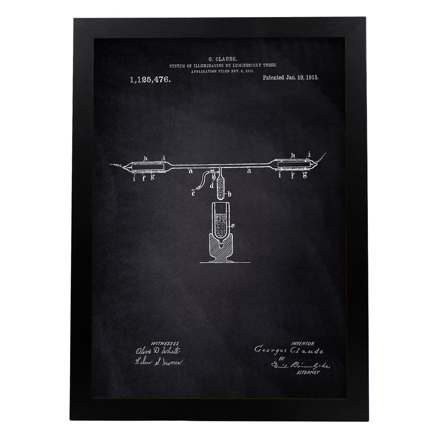 Poster con patente de Tubos fluorescentes. Lámina con diseño de patente antigua-Artwork-Nacnic-A4-Marco Negro-Nacnic Estudio SL