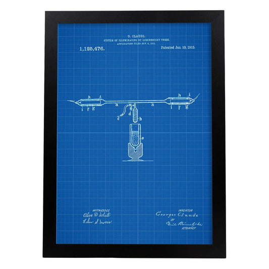 Poster con patente de Tubos fluorescentes. Lámina con diseño de patente antigua-Artwork-Nacnic-A4-Marco Negro-Nacnic Estudio SL