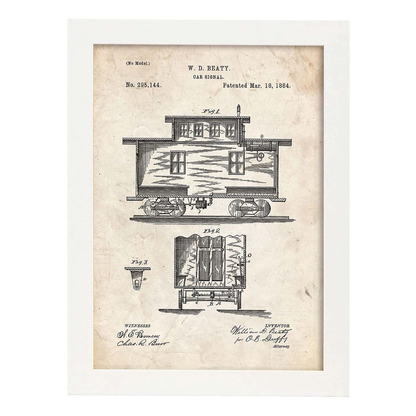 Poster con patente de Vagón de tren. Lámina con diseño de patente antigua.-Artwork-Nacnic-A3-Marco Blanco-Nacnic Estudio SL