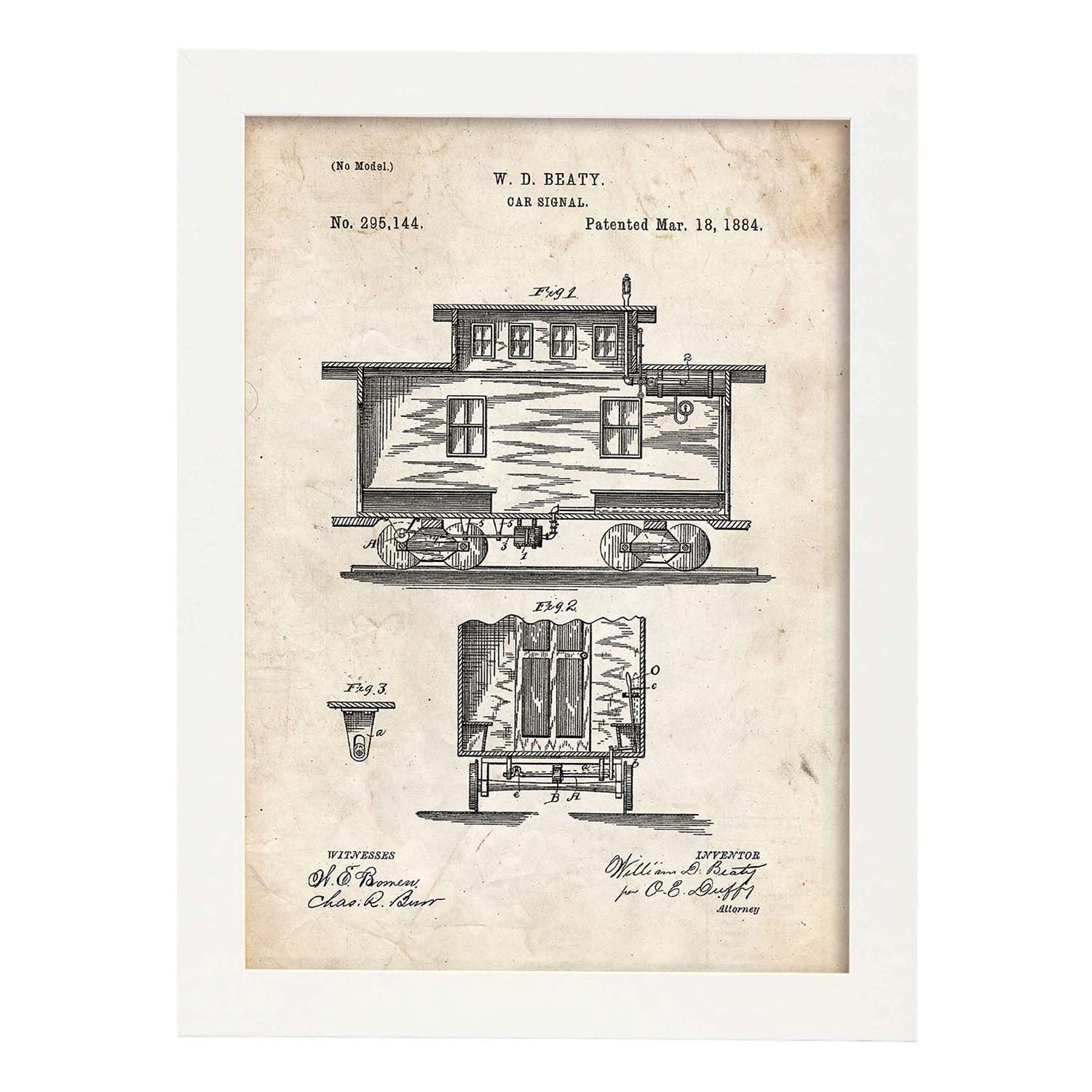 Poster con patente de Vagón de tren. Lámina con diseño de patente antigua.-Artwork-Nacnic-A3-Marco Blanco-Nacnic Estudio SL