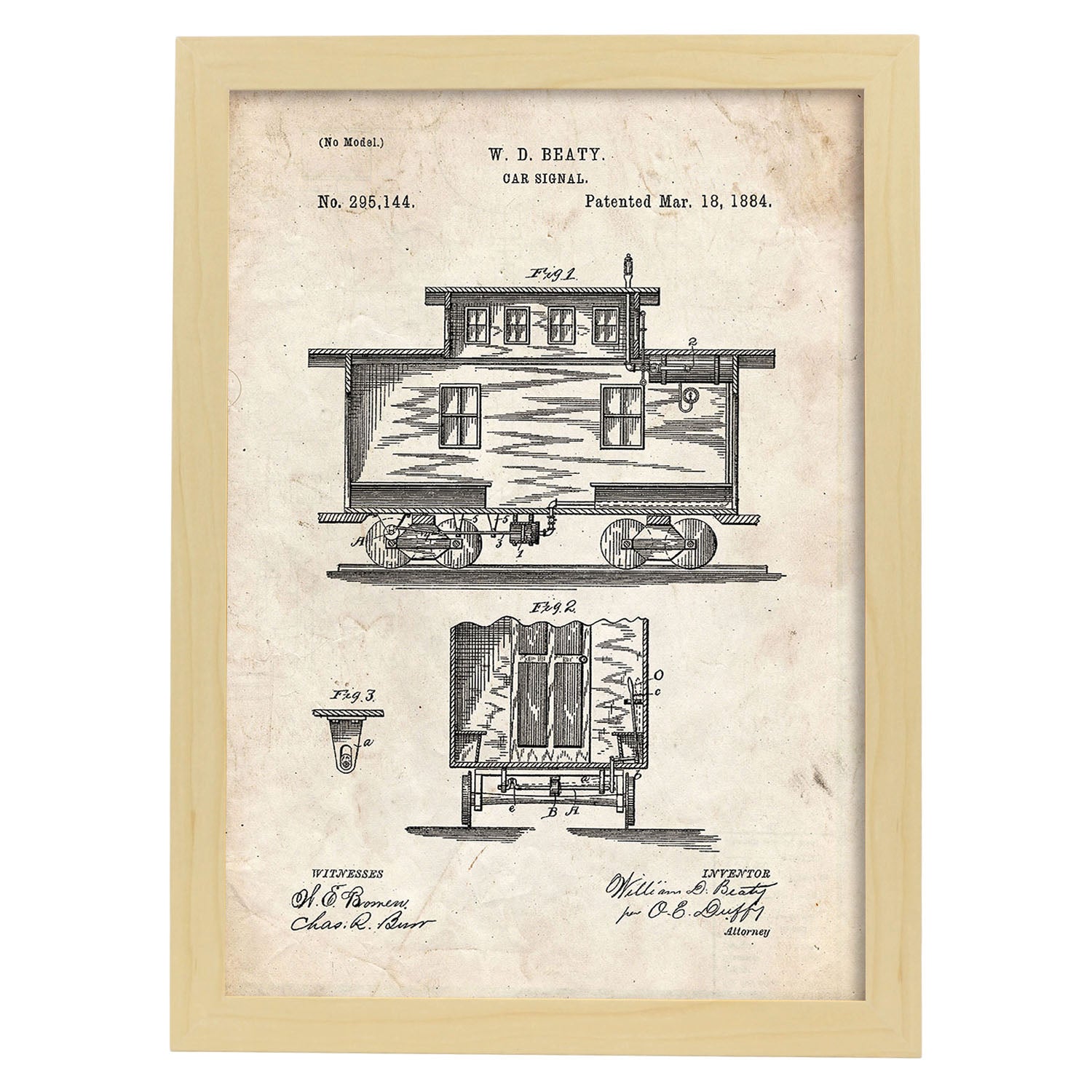 Poster con patente de Vagón de tren. Lámina con diseño de patente antigua.-Artwork-Nacnic-A3-Marco Madera clara-Nacnic Estudio SL
