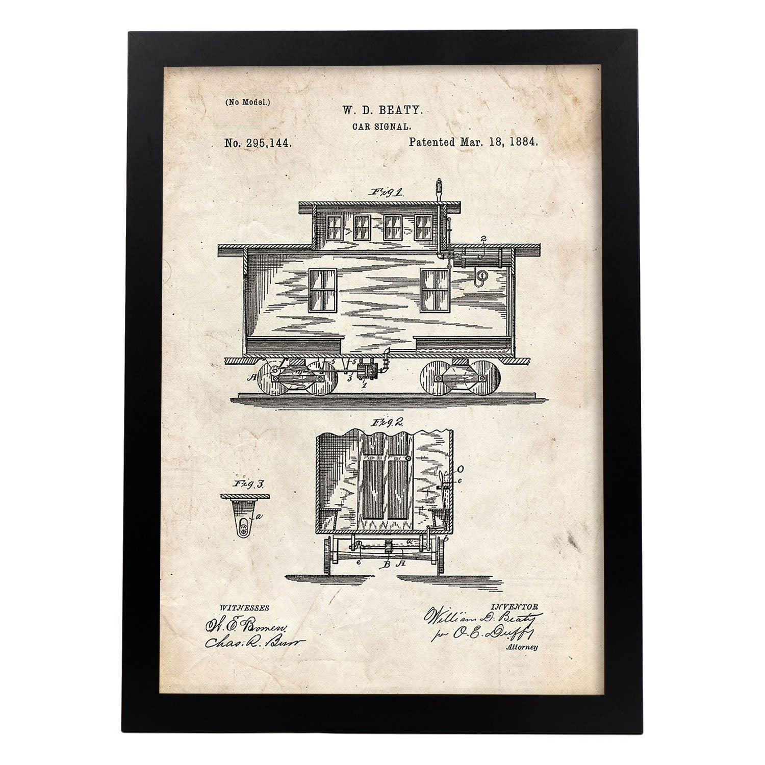 Poster con patente de Vagón de tren. Lámina con diseño de patente antigua.-Artwork-Nacnic-A3-Marco Negro-Nacnic Estudio SL