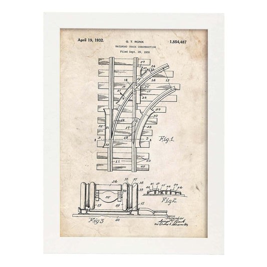 Poster con patente de Via de tren. Lámina con diseño de patente antigua.-Artwork-Nacnic-A4-Marco Blanco-Nacnic Estudio SL