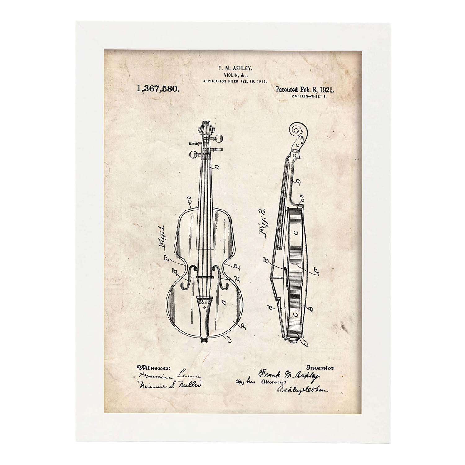 Poster con patente de Violin. Lámina con diseño de patente antigua.-Artwork-Nacnic-A3-Marco Blanco-Nacnic Estudio SL
