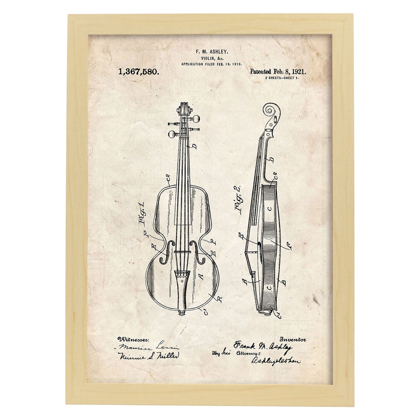Poster con patente de Violin. Lámina con diseño de patente antigua.-Artwork-Nacnic-A3-Marco Madera clara-Nacnic Estudio SL