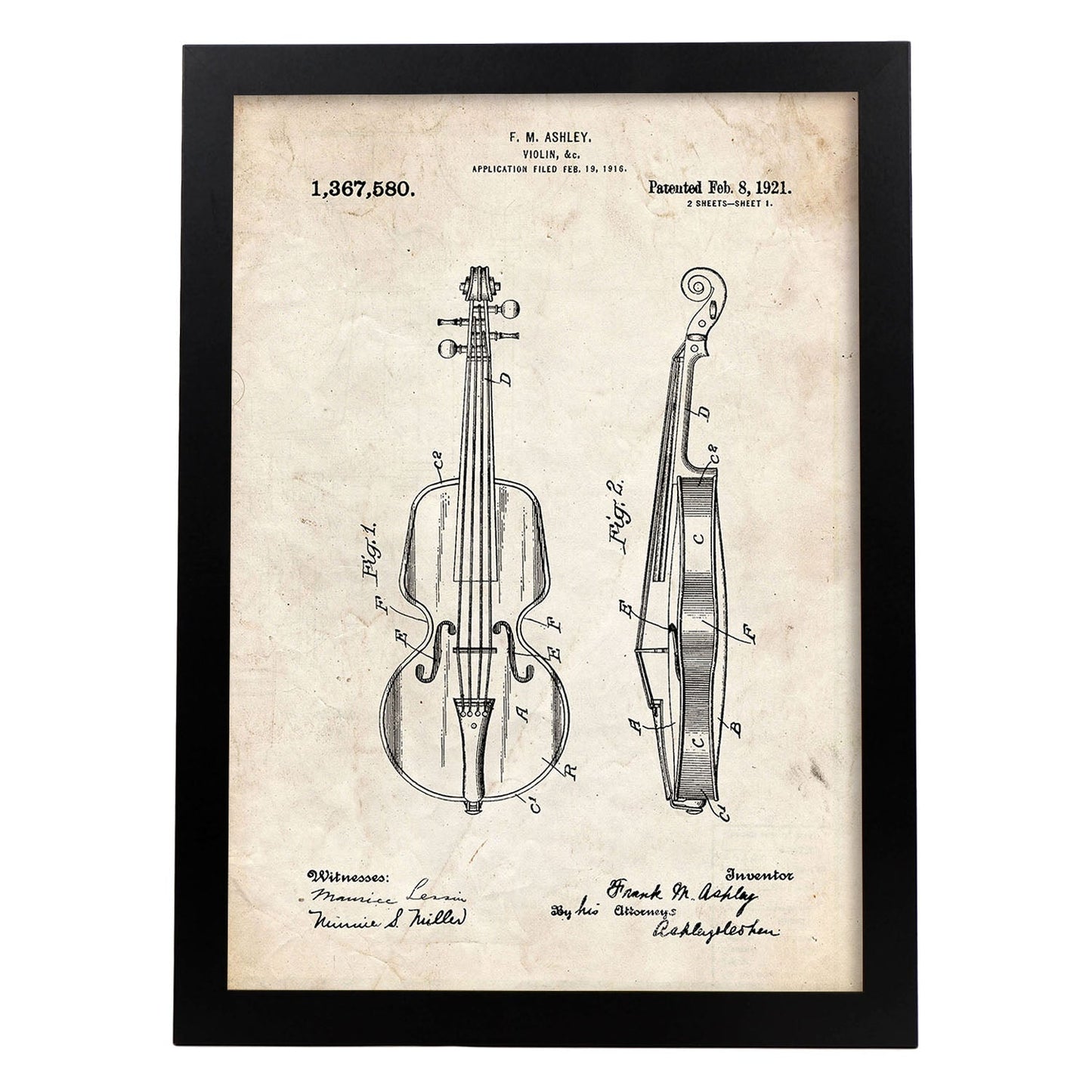 Poster con patente de Violin. Lámina con diseño de patente antigua.-Artwork-Nacnic-A3-Marco Negro-Nacnic Estudio SL