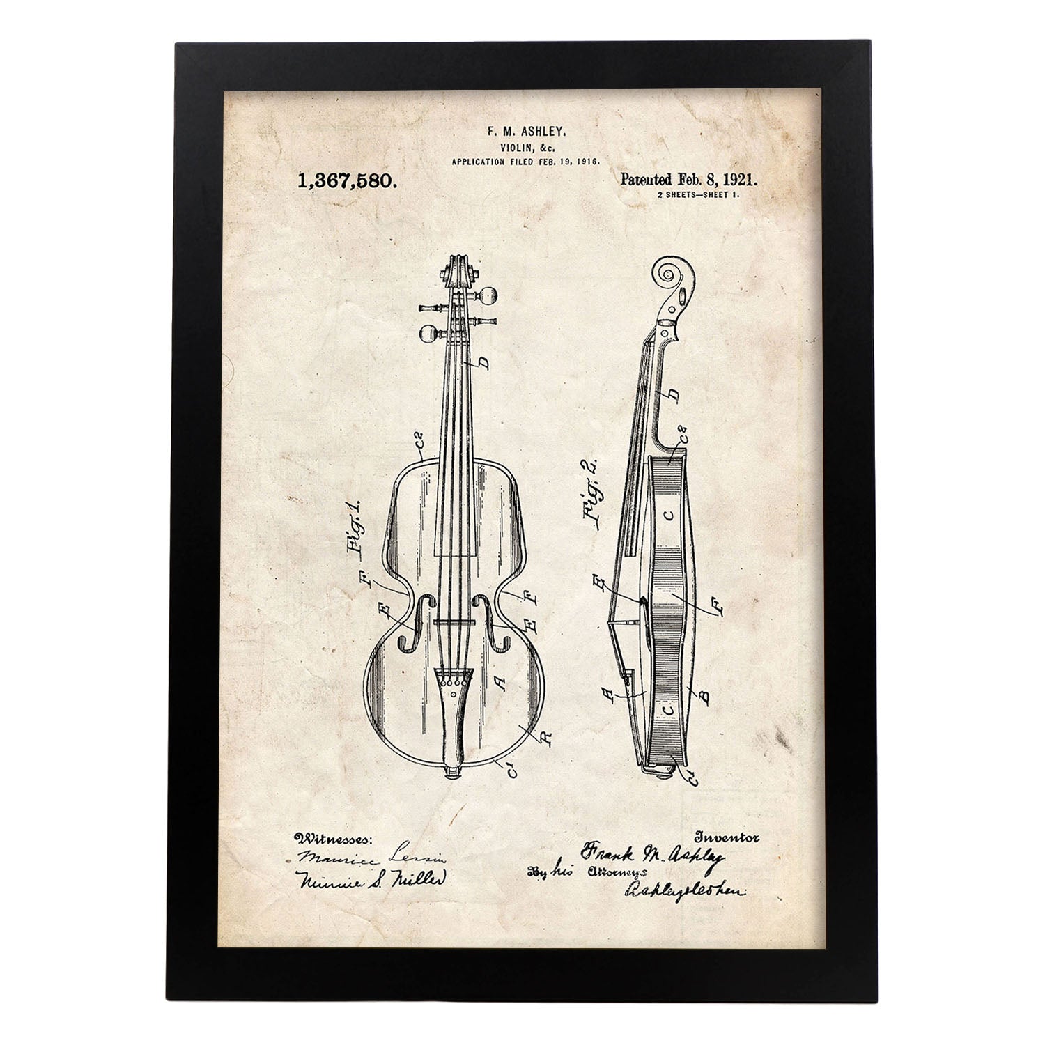 Poster con patente de Violin. Lámina con diseño de patente antigua.-Artwork-Nacnic-A4-Marco Negro-Nacnic Estudio SL