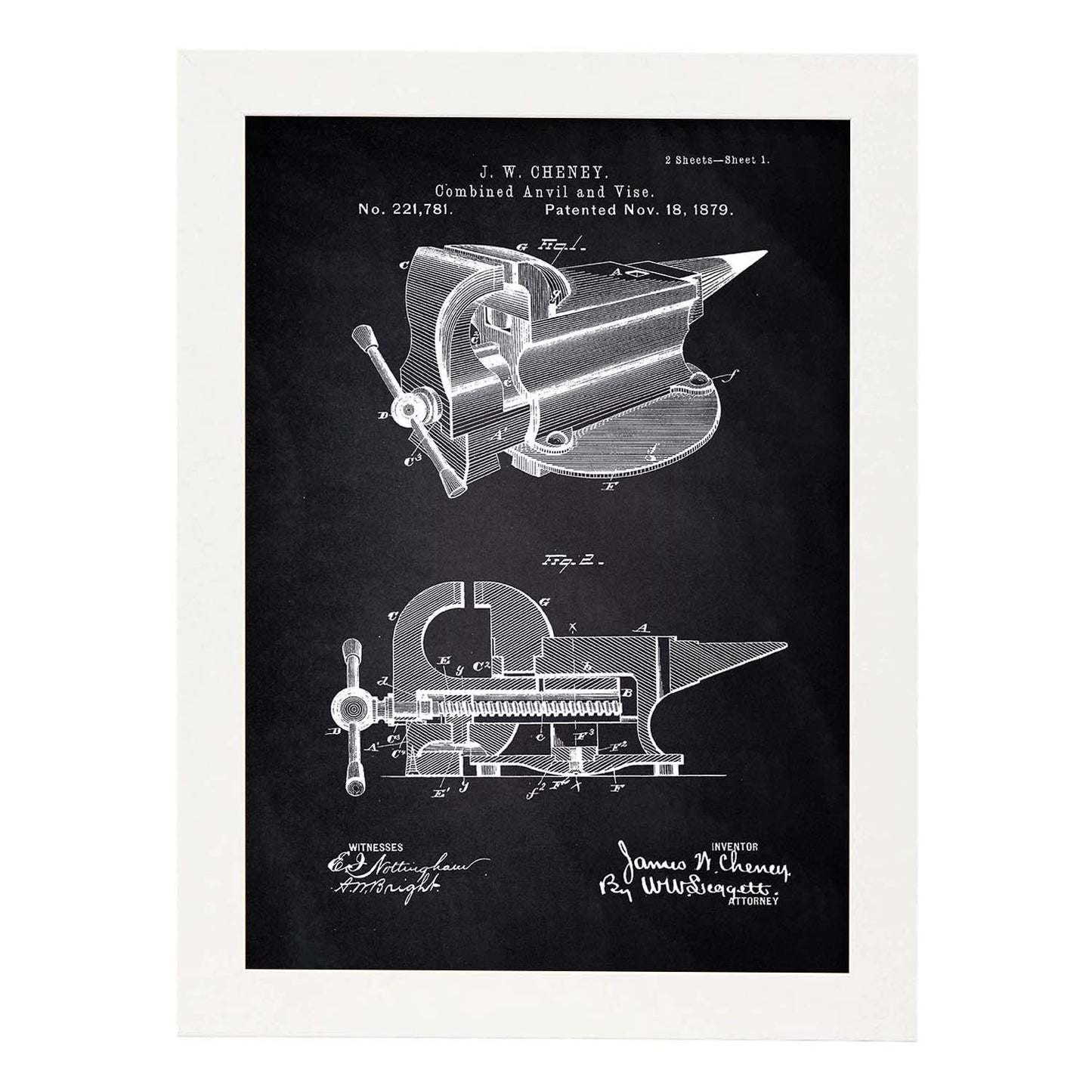 Poster con patente de Yunque con garra. Lámina con diseño de patente antigua-Artwork-Nacnic-A3-Marco Blanco-Nacnic Estudio SL