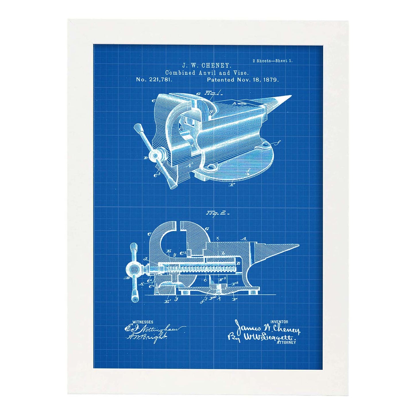 Poster con patente de Yunque con garra. Lámina con diseño de patente antigua-Artwork-Nacnic-A3-Marco Blanco-Nacnic Estudio SL