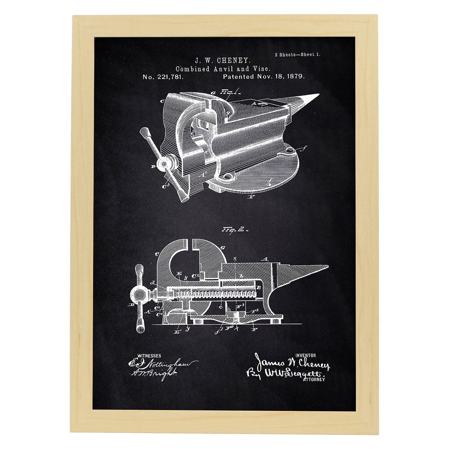 Poster con patente de Yunque con garra. Lámina con diseño de patente antigua-Artwork-Nacnic-A3-Marco Madera clara-Nacnic Estudio SL
