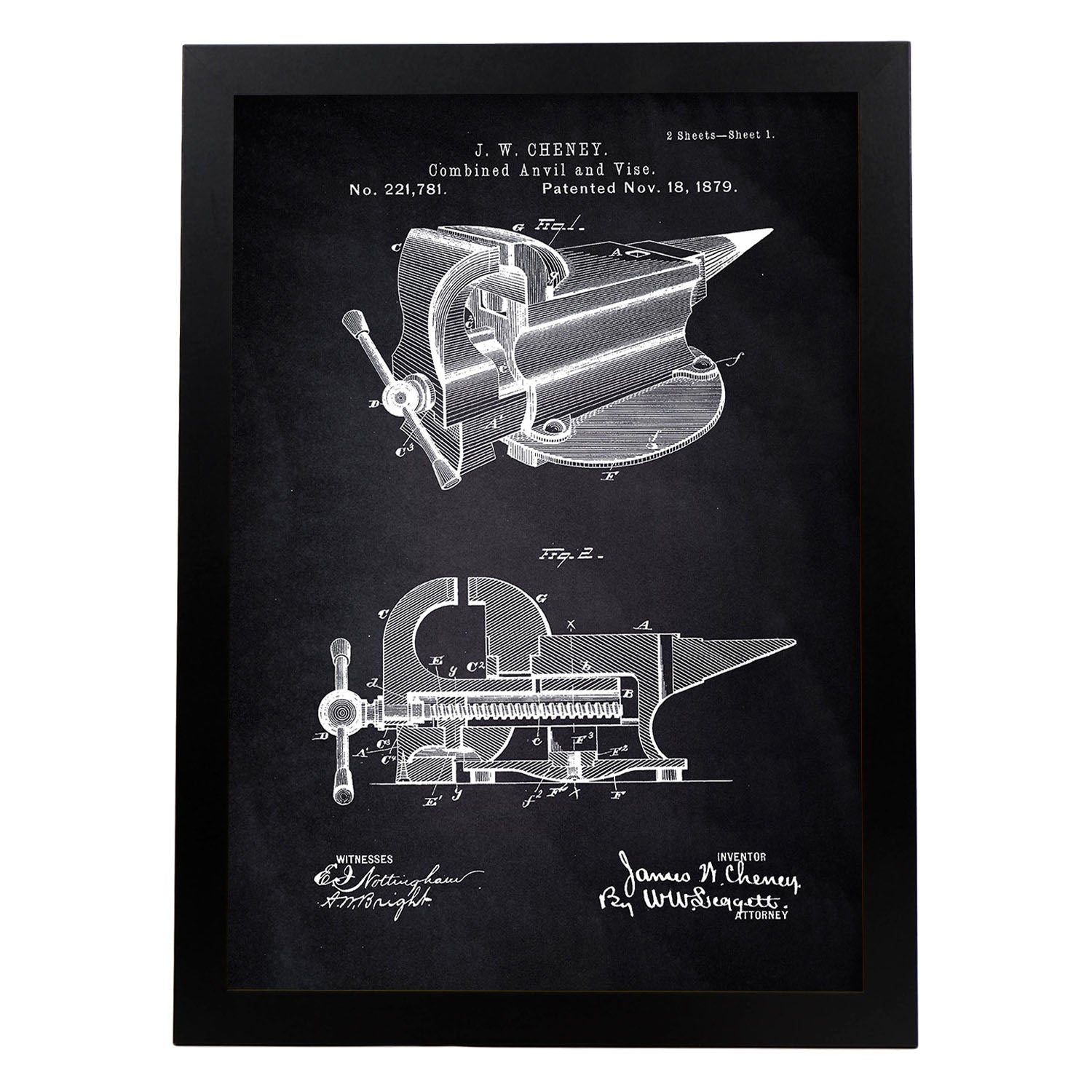 Poster con patente de Yunque con garra. Lámina con diseño de patente antigua-Artwork-Nacnic-A3-Marco Negro-Nacnic Estudio SL