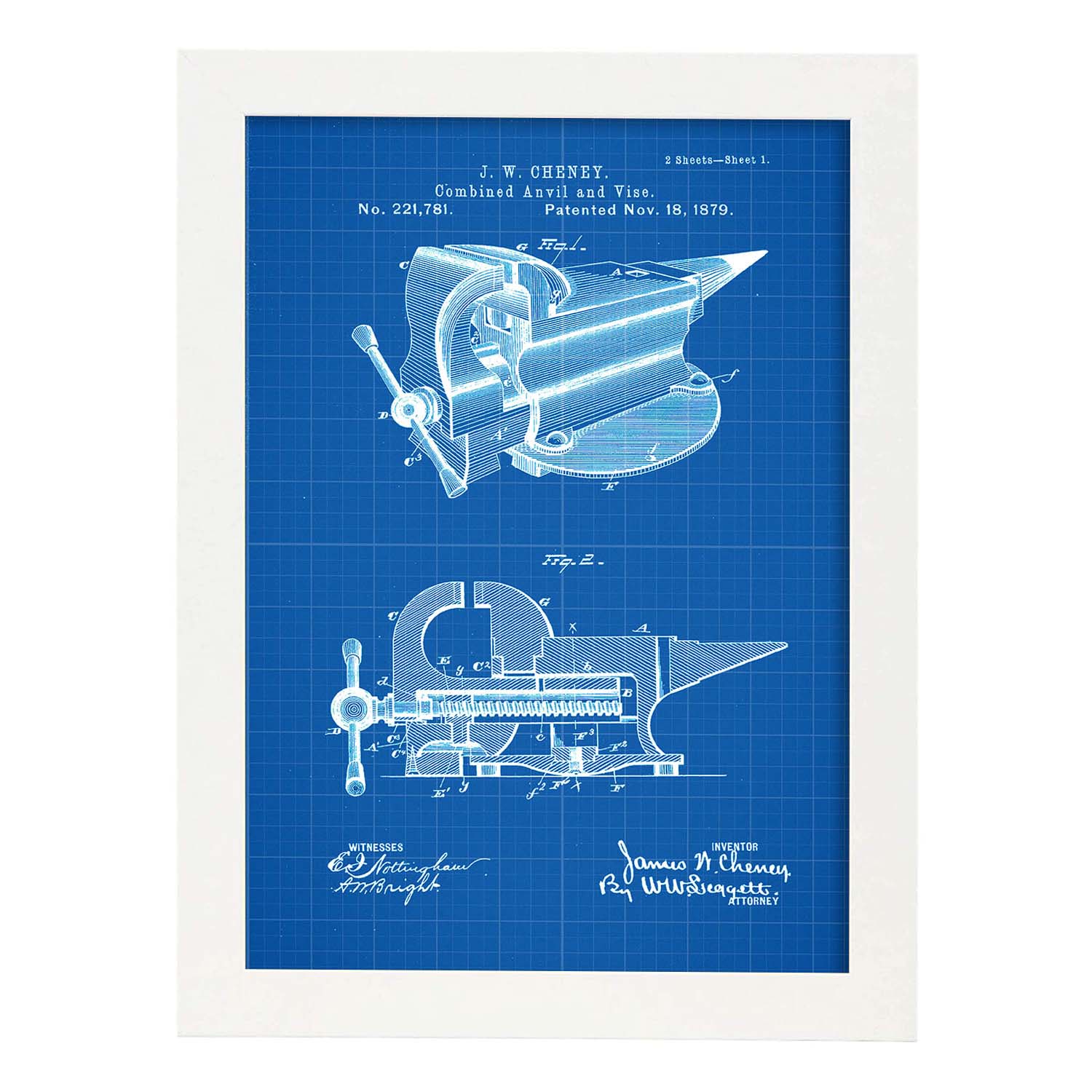 Poster con patente de Yunque con garra. Lámina con diseño de patente antigua-Artwork-Nacnic-A4-Marco Blanco-Nacnic Estudio SL