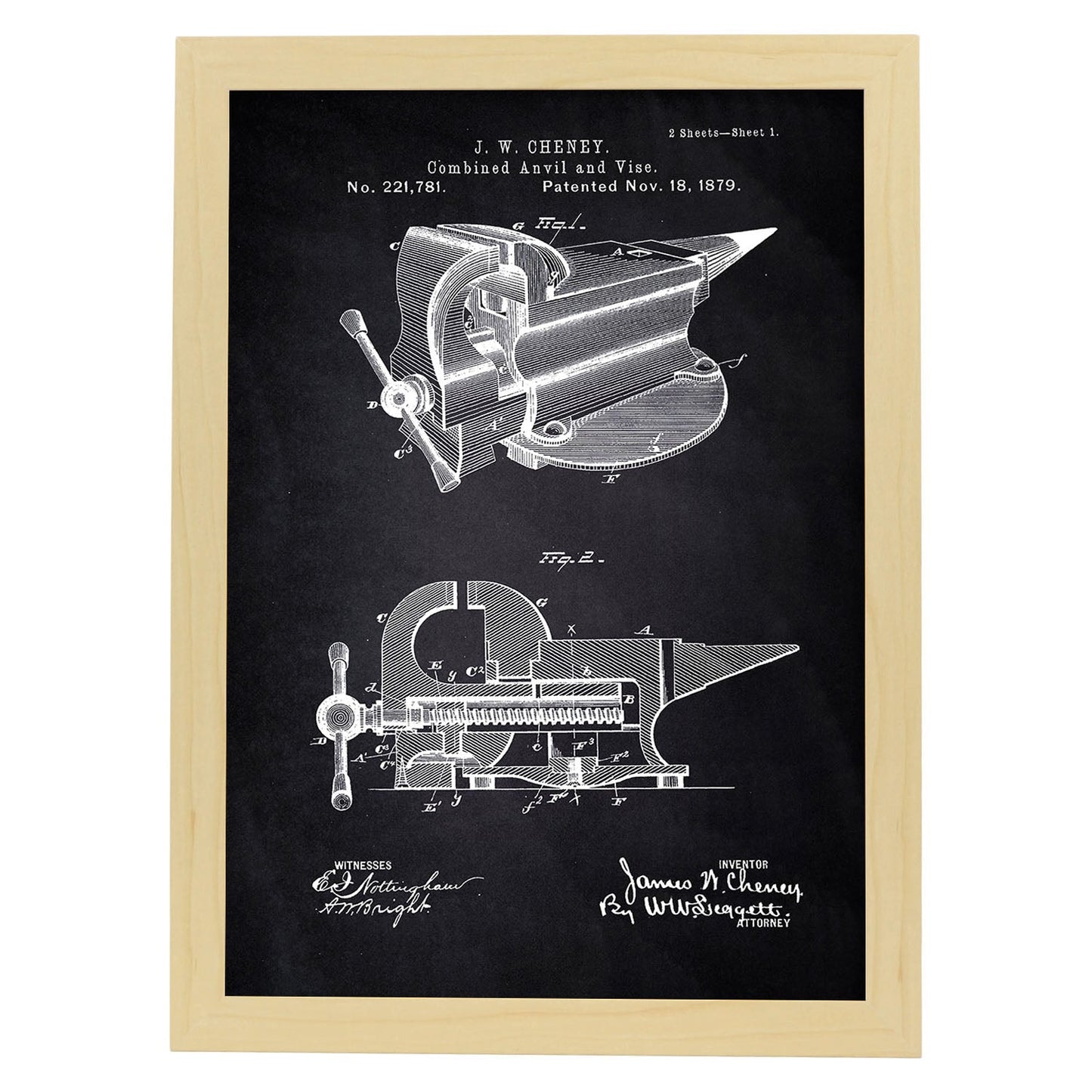 Poster con patente de Yunque con garra. Lámina con diseño de patente antigua-Artwork-Nacnic-A4-Marco Madera clara-Nacnic Estudio SL