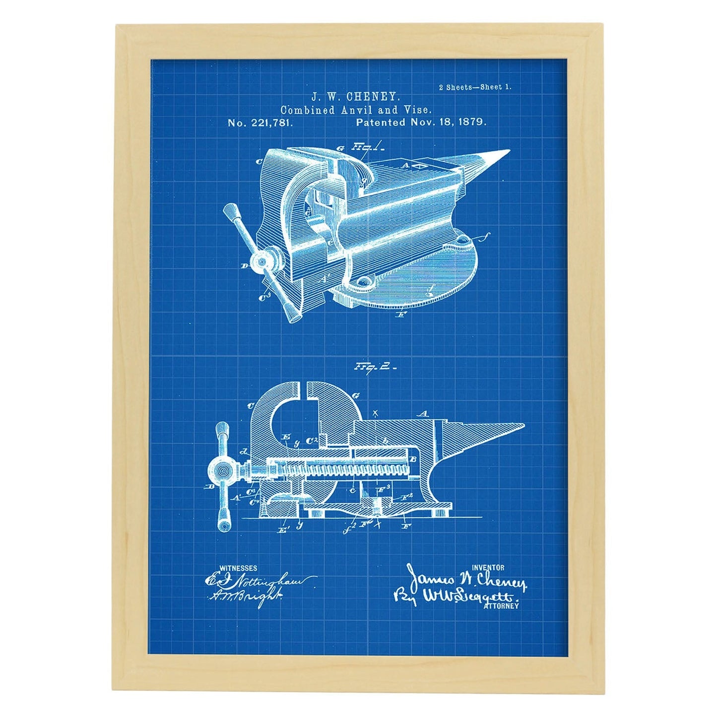 Poster con patente de Yunque con garra. Lámina con diseño de patente antigua-Artwork-Nacnic-A4-Marco Madera clara-Nacnic Estudio SL