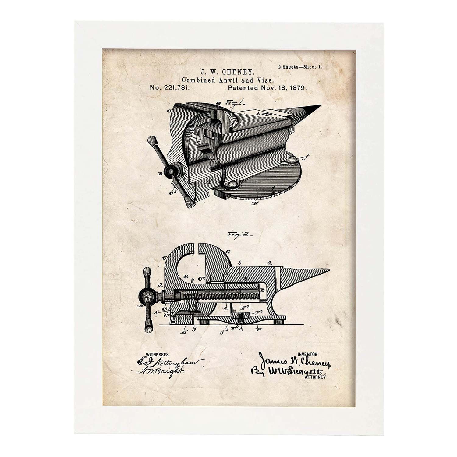 Poster con patente de Yunque con garra. Lámina con diseño de patente antigua.-Artwork-Nacnic-A3-Marco Blanco-Nacnic Estudio SL