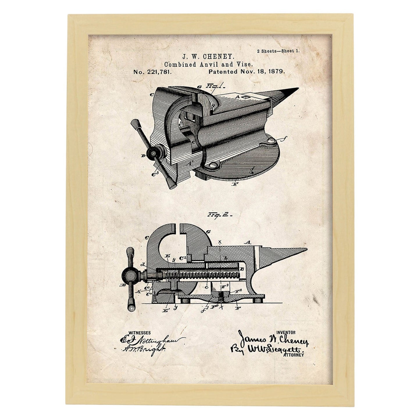 Poster con patente de Yunque con garra. Lámina con diseño de patente antigua.-Artwork-Nacnic-A3-Marco Madera clara-Nacnic Estudio SL
