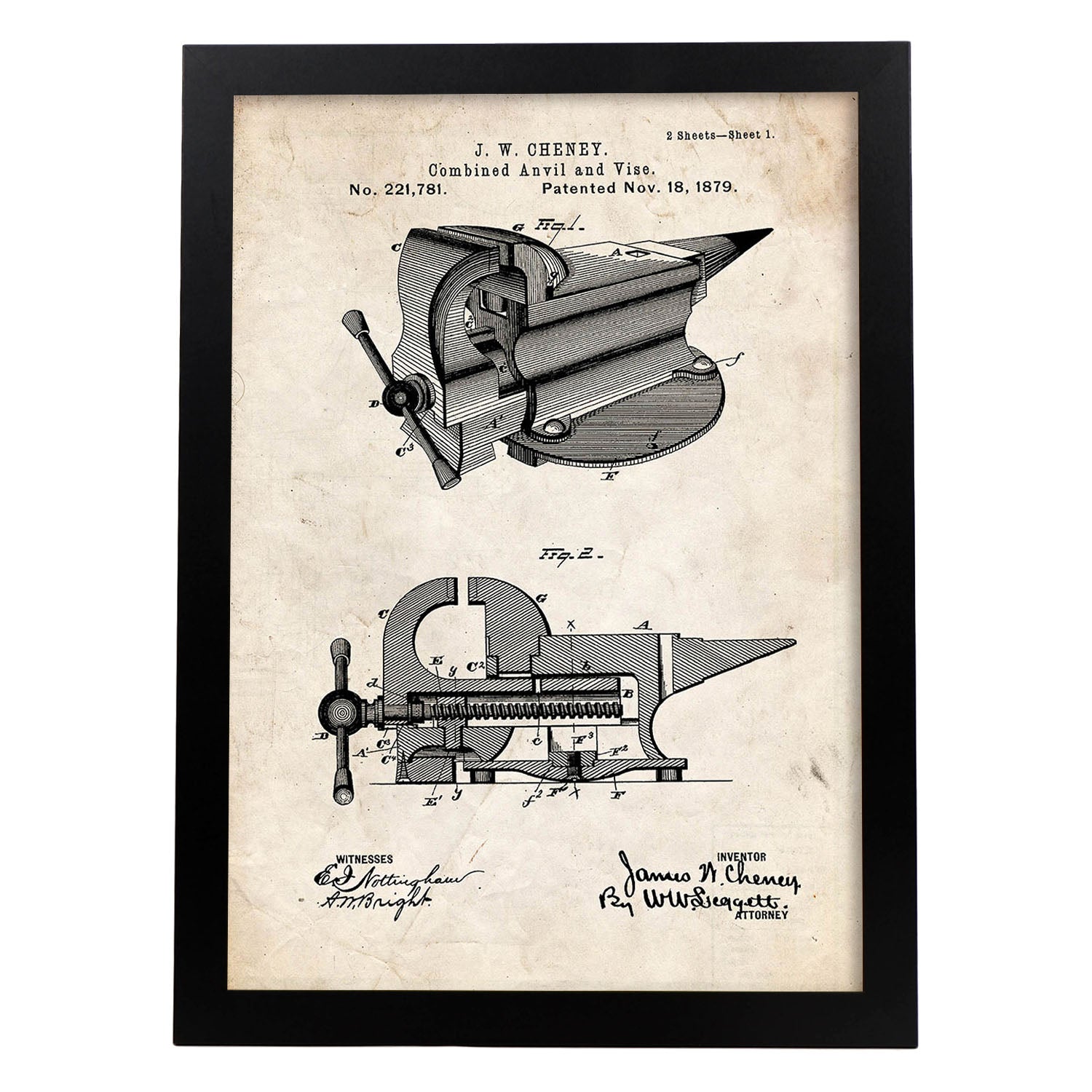 Poster con patente de Yunque con garra. Lámina con diseño de patente antigua.-Artwork-Nacnic-A3-Marco Negro-Nacnic Estudio SL