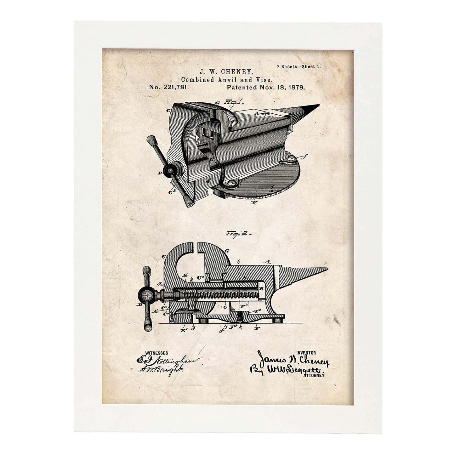 Poster con patente de Yunque con garra. Lámina con diseño de patente antigua.-Artwork-Nacnic-A4-Marco Blanco-Nacnic Estudio SL