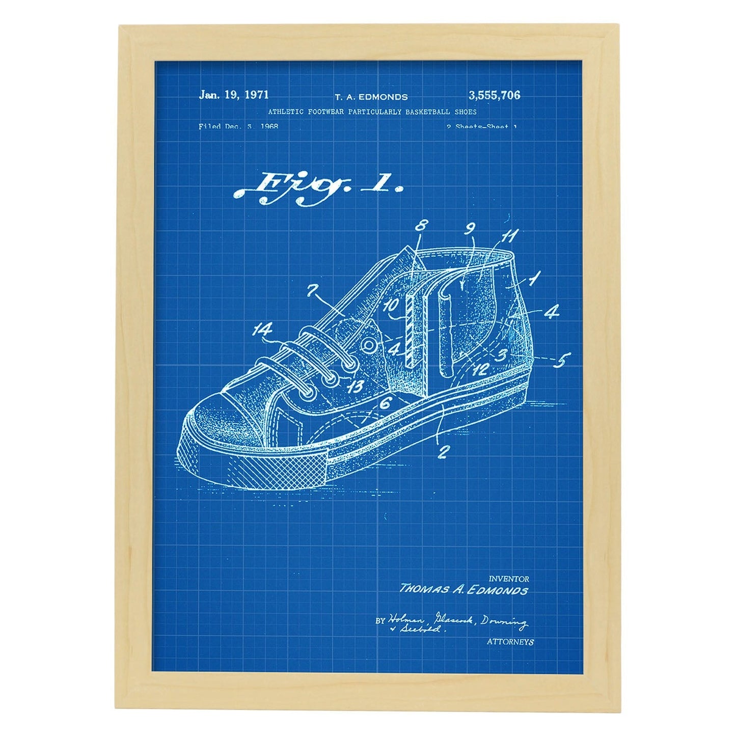 Poster con patente de Zapatilla baloncesto 2. Lámina con diseño de patente antigua-Artwork-Nacnic-A3-Marco Madera clara-Nacnic Estudio SL