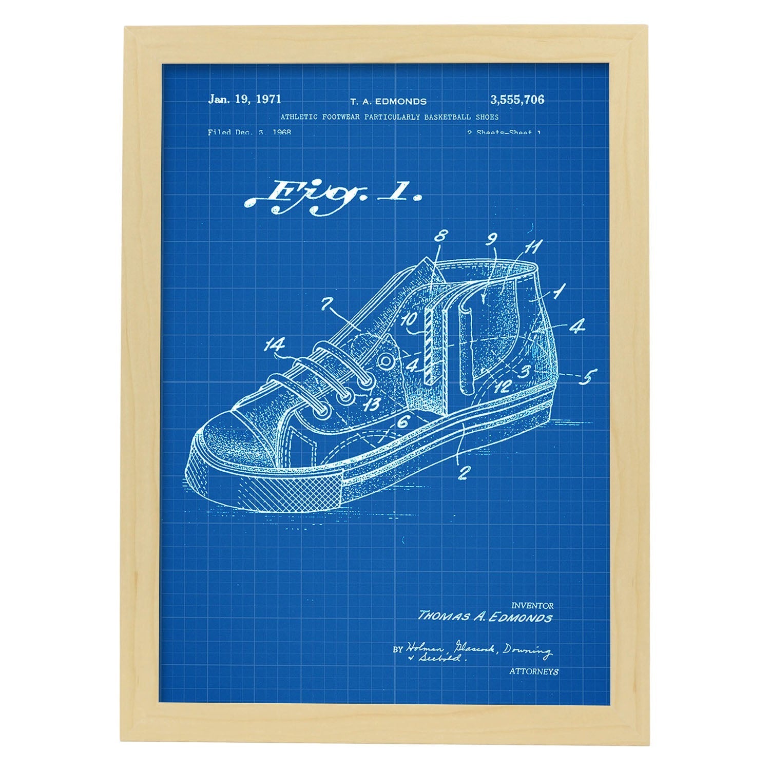 Poster con patente de Zapatilla baloncesto 2. Lámina con diseño de patente antigua-Artwork-Nacnic-A3-Marco Madera clara-Nacnic Estudio SL