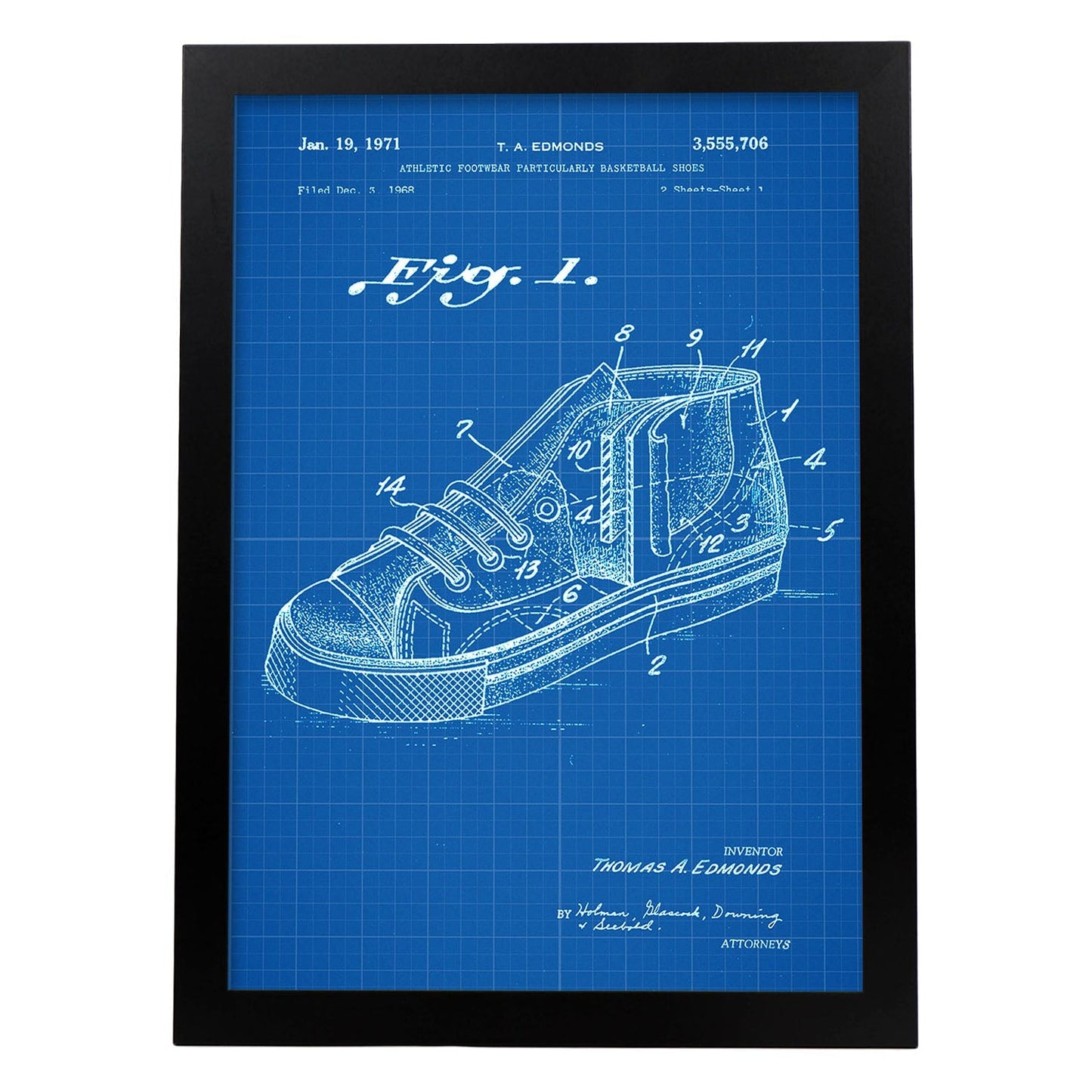 Poster con patente de Zapatilla baloncesto 2. Lámina con diseño de patente antigua-Artwork-Nacnic-A3-Marco Negro-Nacnic Estudio SL