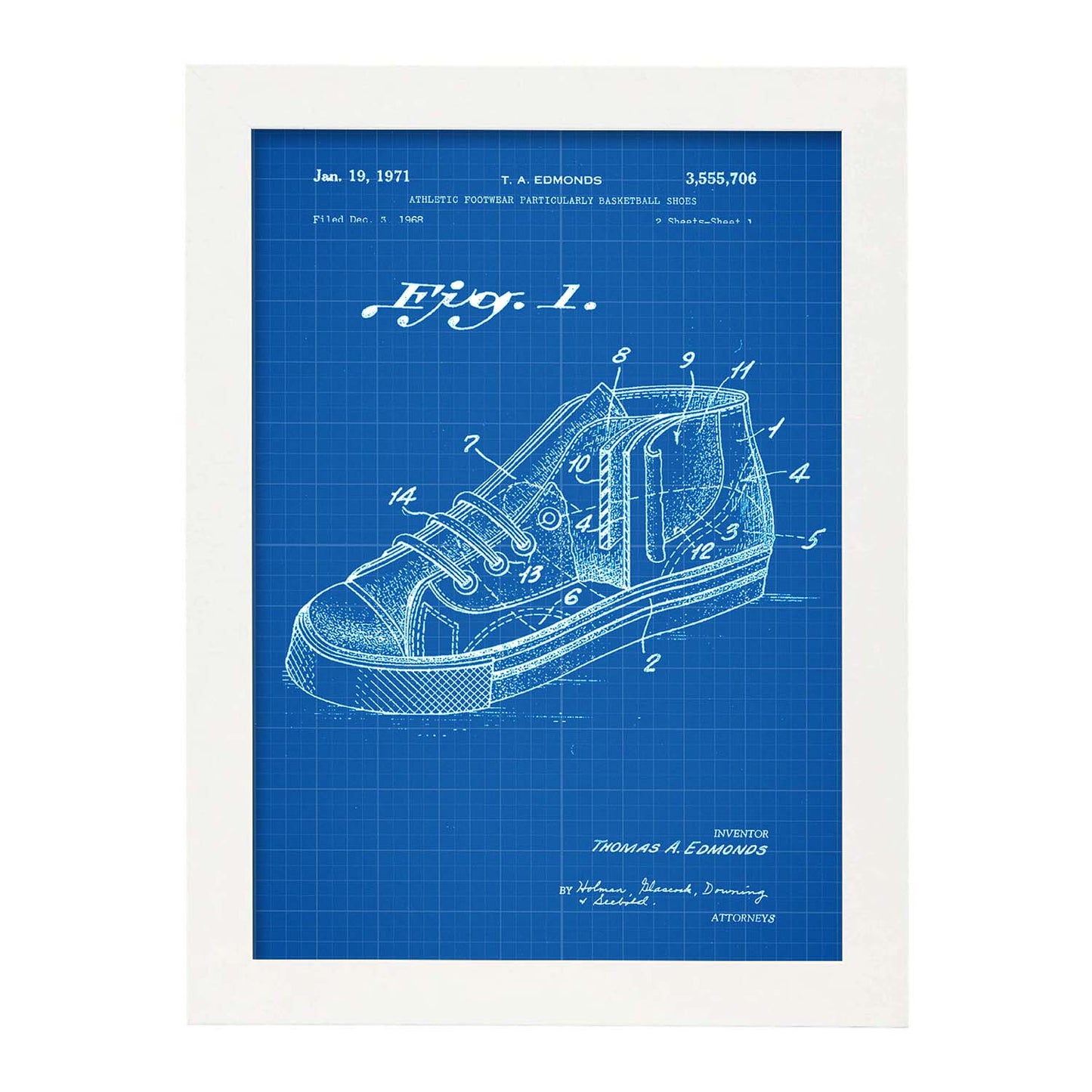 Poster con patente de Zapatilla baloncesto 2. Lámina con diseño de patente antigua-Artwork-Nacnic-A4-Marco Blanco-Nacnic Estudio SL