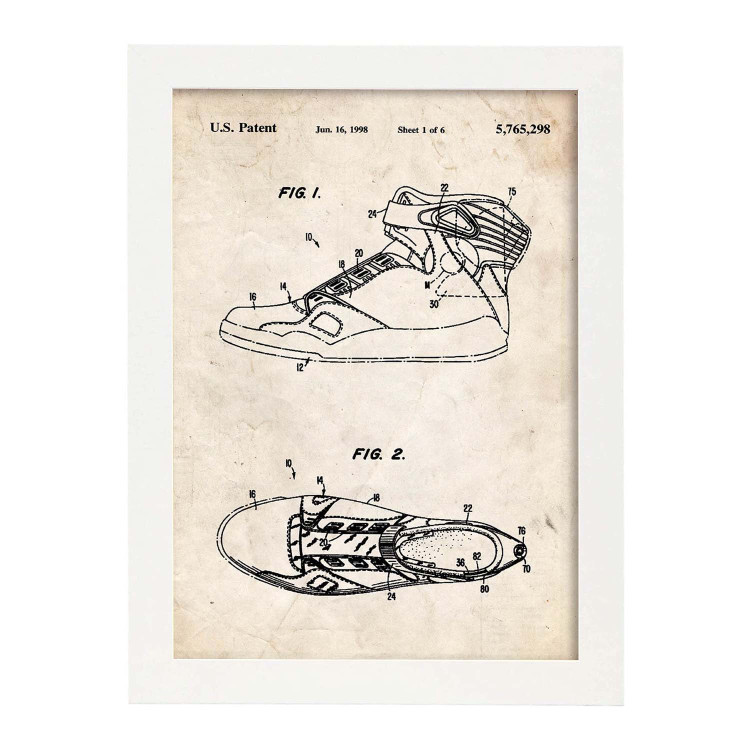 Poster con patente de Zapatilla baloncesto 3. Lámina con diseño de patente antigua.-Artwork-Nacnic-A3-Marco Blanco-Nacnic Estudio SL