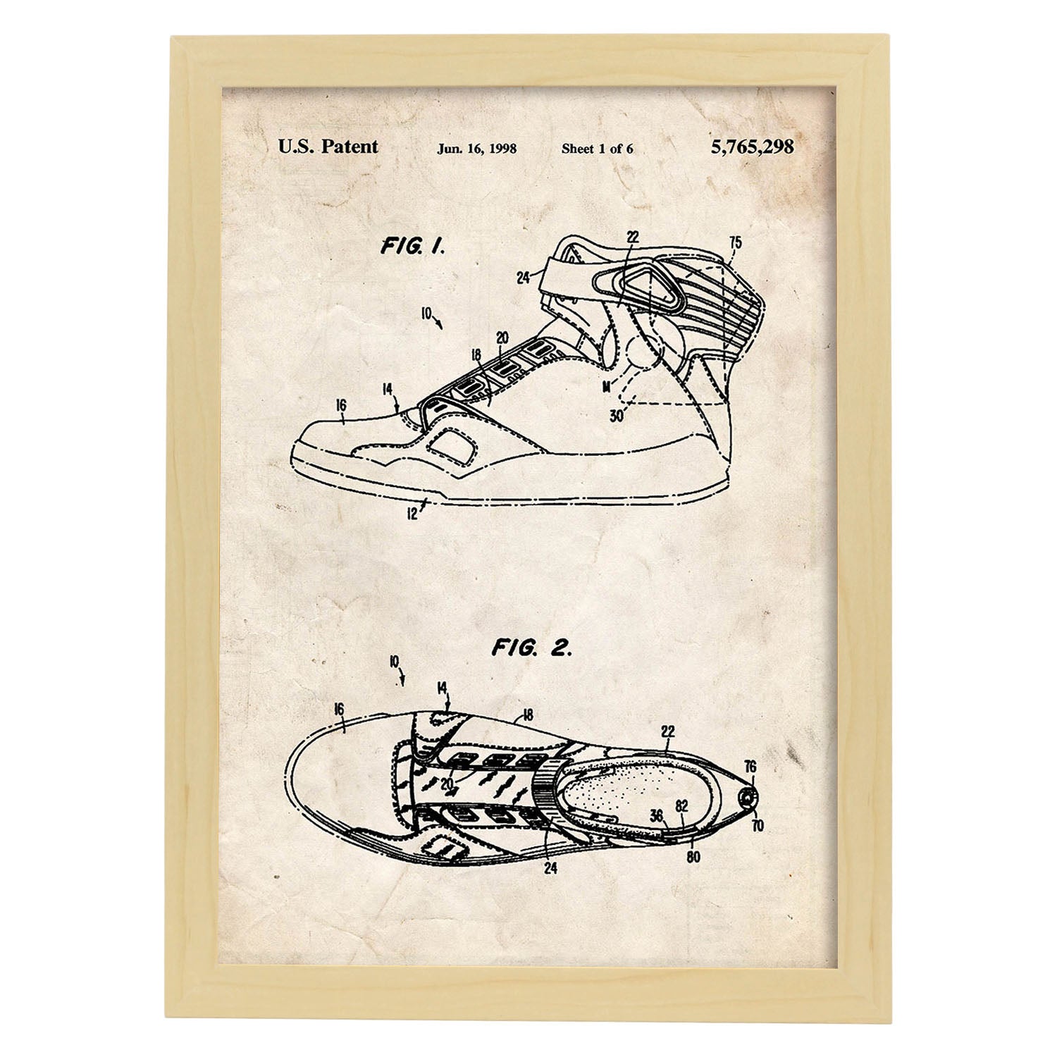 Poster con patente de Zapatilla baloncesto 3. Lámina con diseño de patente antigua.-Artwork-Nacnic-A4-Marco Madera clara-Nacnic Estudio SL
