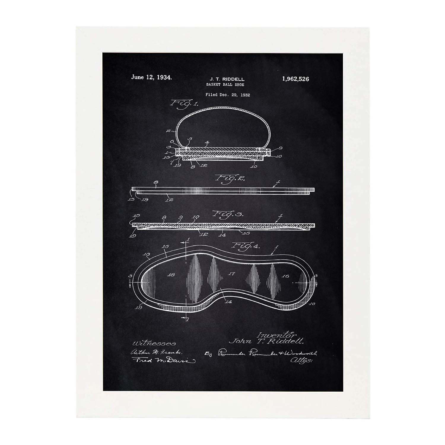 Poster con patente de Zapatilla baloncesto. Lámina con diseño de patente antigua-Artwork-Nacnic-A3-Marco Blanco-Nacnic Estudio SL