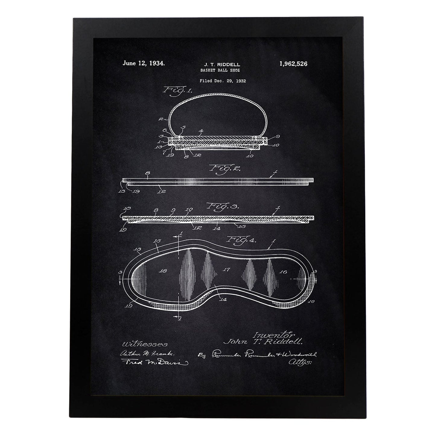 Poster con patente de Zapatilla baloncesto. Lámina con diseño de patente antigua-Artwork-Nacnic-A3-Marco Negro-Nacnic Estudio SL