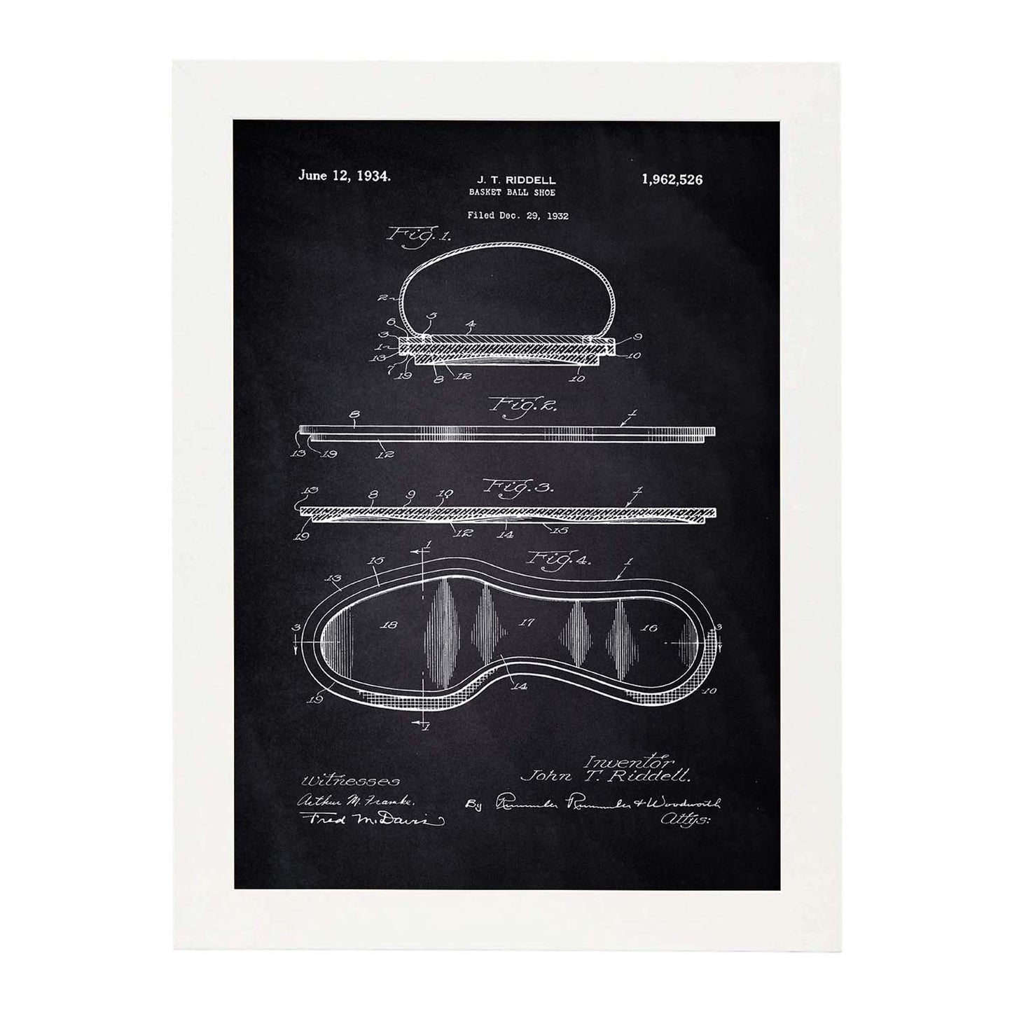 Poster con patente de Zapatilla baloncesto. Lámina con diseño de patente antigua-Artwork-Nacnic-A4-Marco Blanco-Nacnic Estudio SL