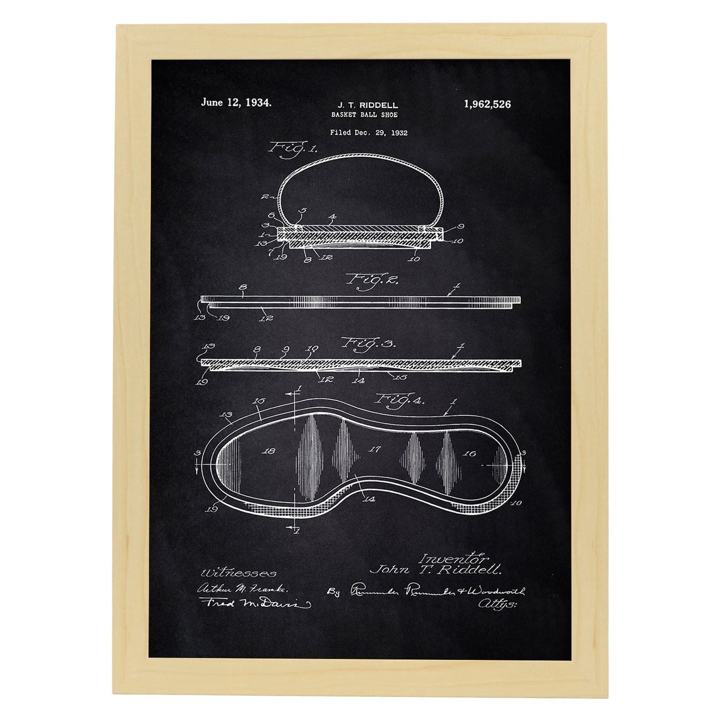 Poster con patente de Zapatilla baloncesto. Lámina con diseño de patente antigua-Artwork-Nacnic-A4-Marco Madera clara-Nacnic Estudio SL