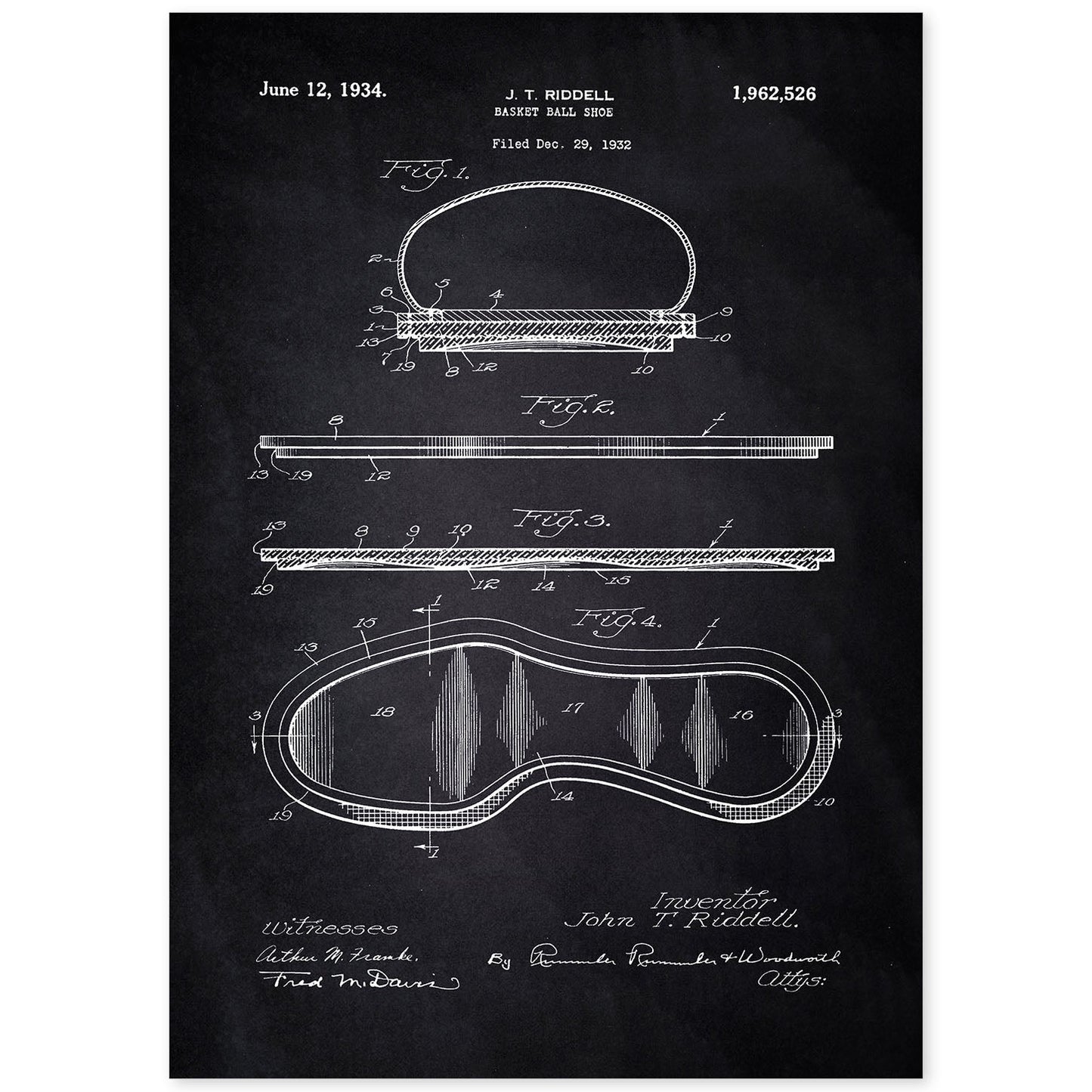 Poster con patente de Zapatilla baloncesto. Lámina con diseño de patente antigua-Artwork-Nacnic-A4-Sin marco-Nacnic Estudio SL